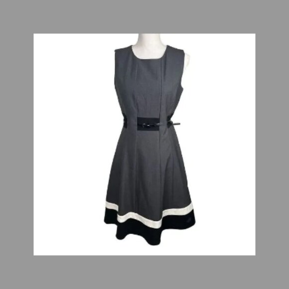 Calvin Klein Gray Black Fit Flare Belted Classic Office Dress Women’s Size 16 W - Picture 15 of 16